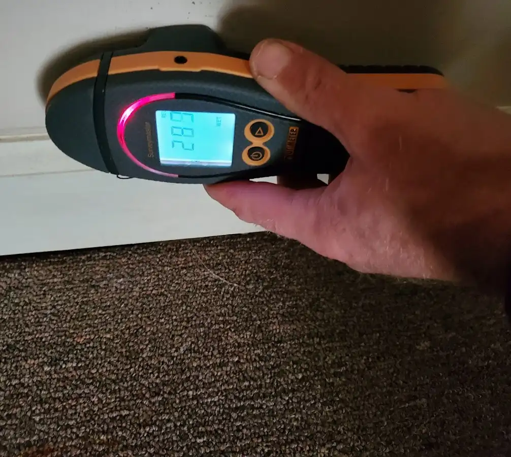 Moisture detection at baseboard during Storm Damage Restoration in Heber